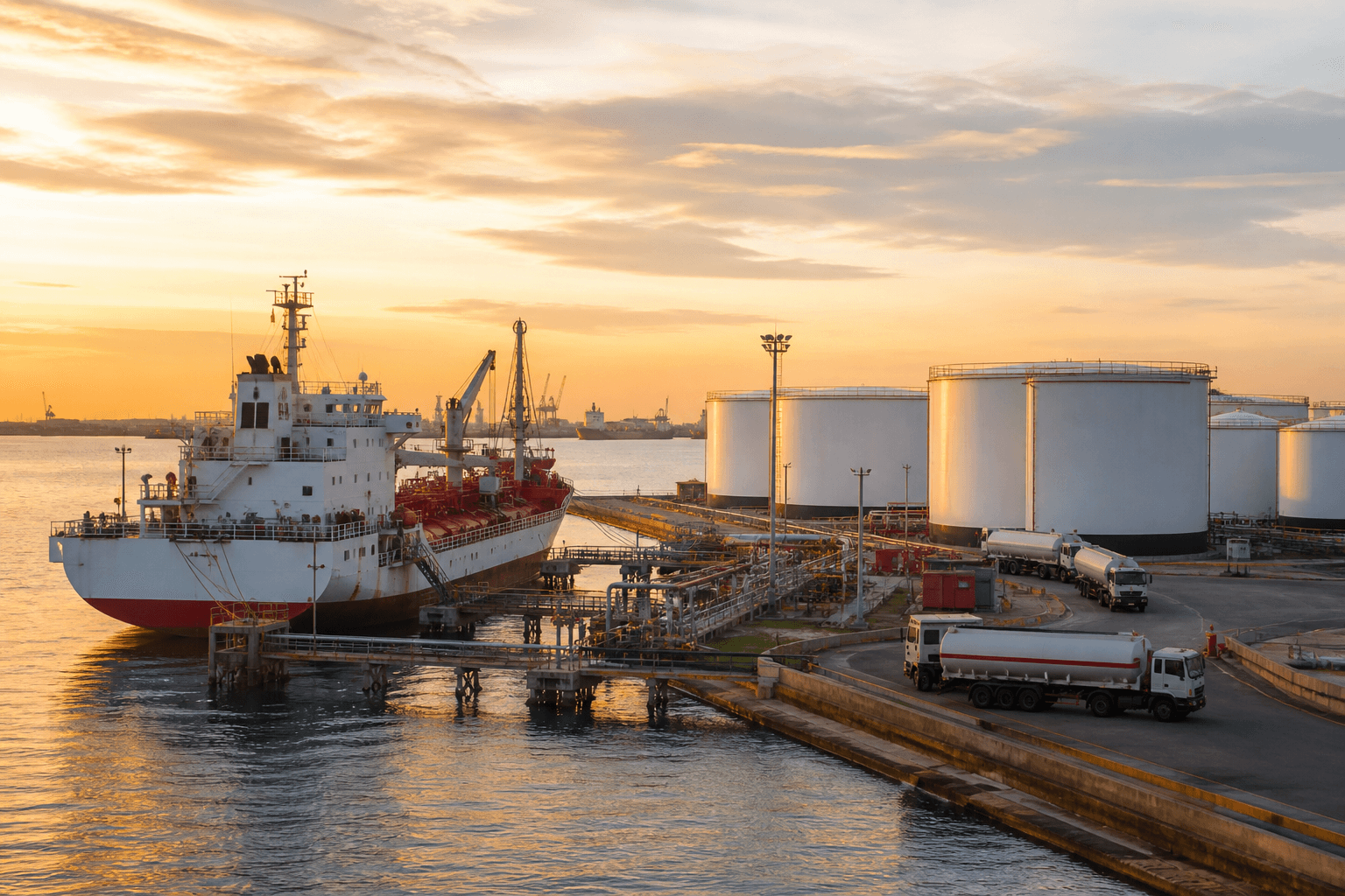 Petroleum tanker and depot tanks at a Ghana coastal terminal